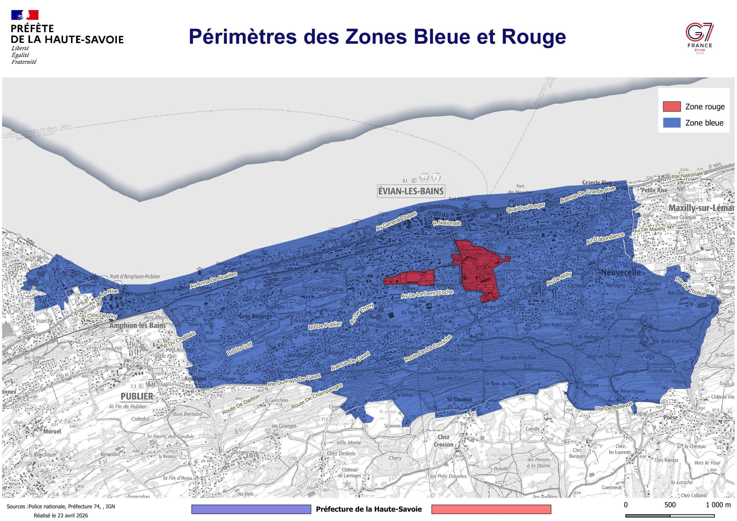 Official map from the Haute-Savoie Prefecture outlining the large blue security zone and the restricted central red zones across the municipalities of Évian-les-Bains, Publier, Neuvecelle, and Maxilly-sur-Léman for the 2026 G7 summit.