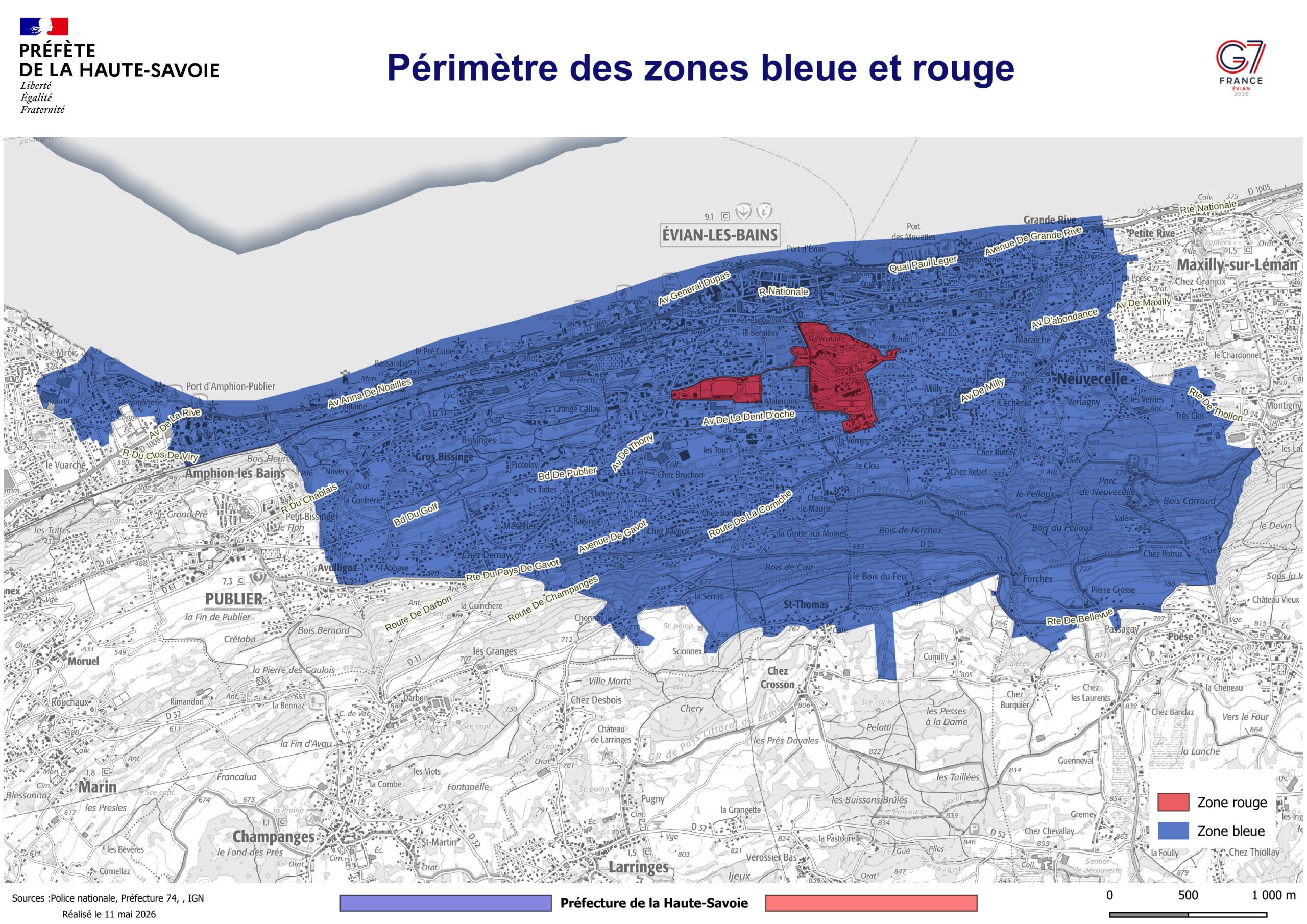 Official map from the Haute-Savoie Prefecture outlining the large blue security zone and the restricted central red zones across the municipalities of Évian-les-Bains, Publier, Neuvecelle, and Maxilly-sur-Léman for the 2026 G7 summit.