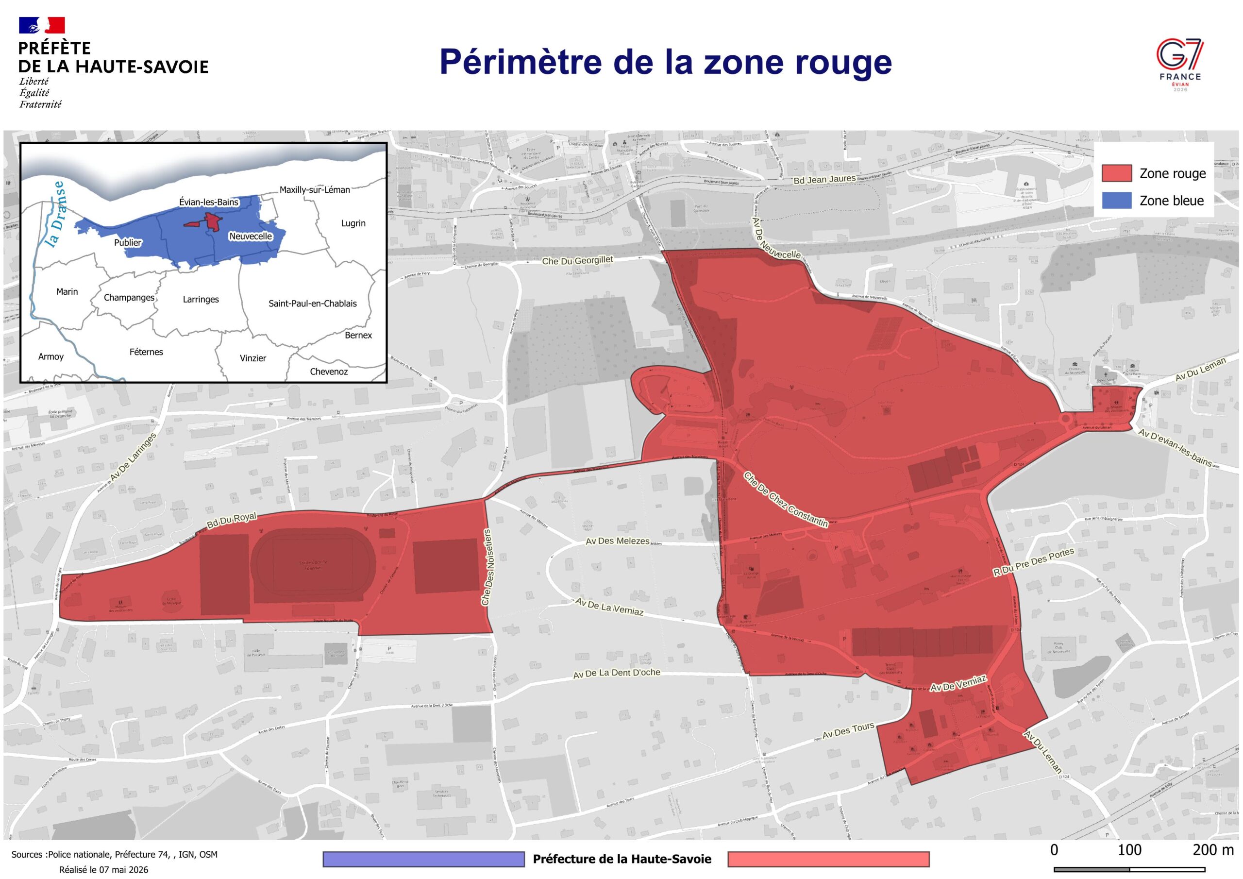 Plan rapproché de la Préfecture de la Haute-Savoie détaillant les rues et secteurs précisément inclus dans la zone rouge de sécurité (accès très restreint) à Évian-les-Bains pour le sommet du G7 2026. Une petite carte en médaillon situe cette zone rouge au cœur de la zone bleue globale.