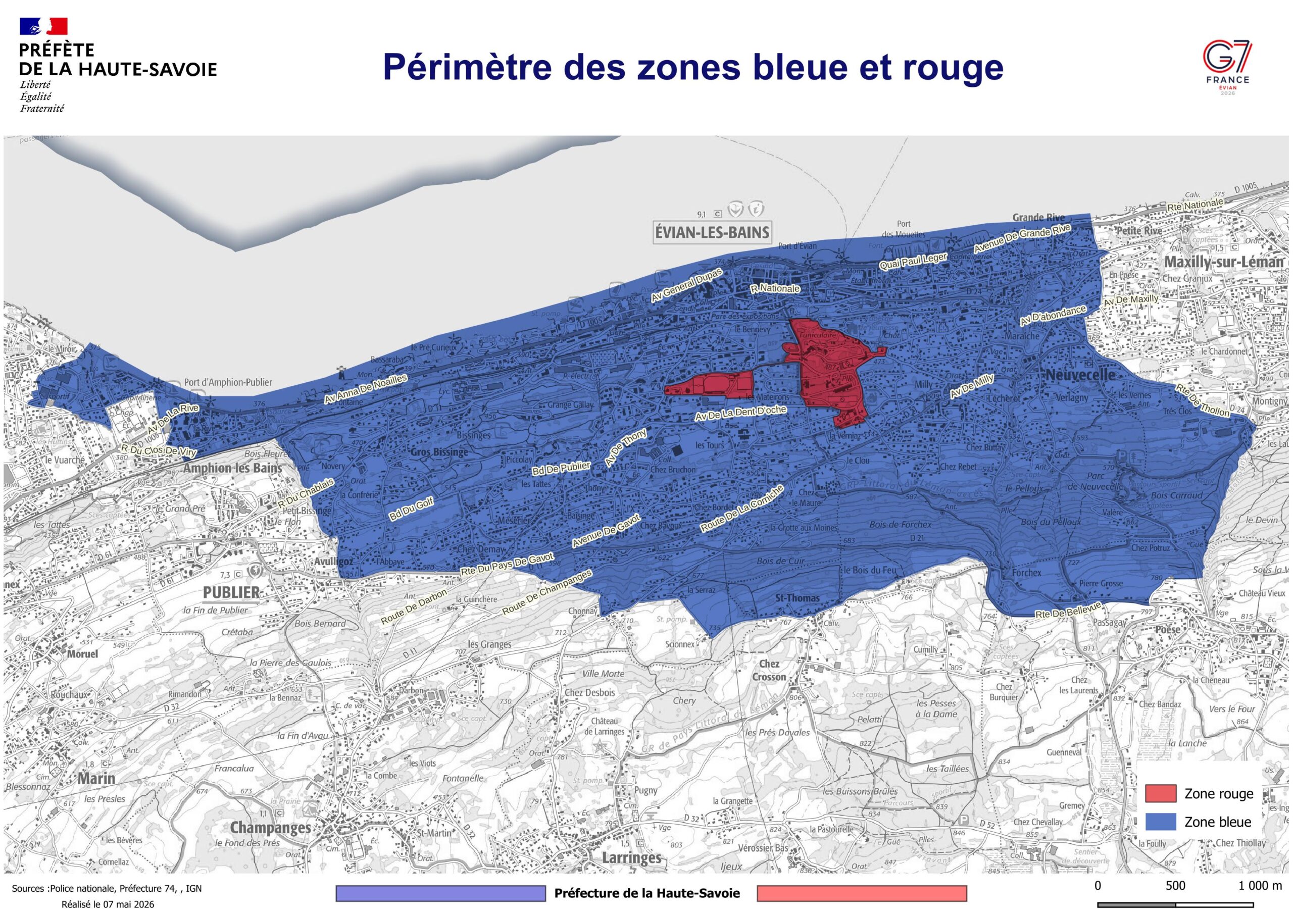 Carte officielle de la Préfecture de la Haute-Savoie délimitant la vaste zone de sécurité bleue et les secteurs centraux restreints en zone rouge sur les communes d'Évian-les-Bains, Publier, Neuvecelle et Maxilly-sur-Léman, à l'occasion du sommet du G7 2026.